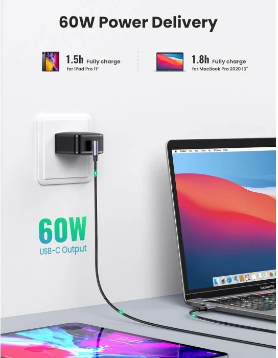kabllo USB-C në USB-C UGREEN 50125, 60W, 2m, kënd 90°, e thurur najloni, e zezë/argjend