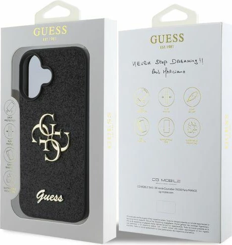 Mbështjellës Guess Fixed Glitter Big 4G për iPhone 16, i zi