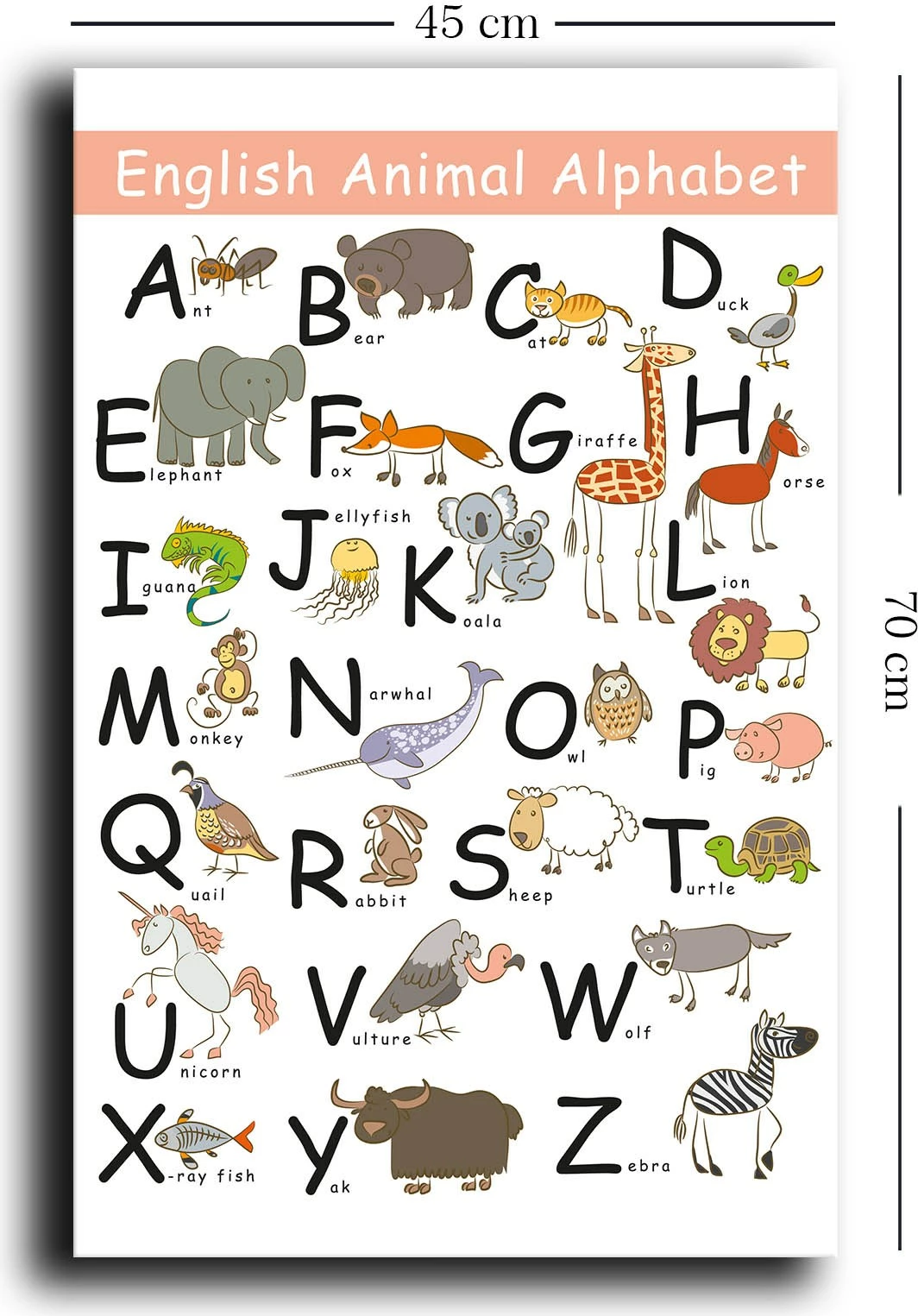 Pikturë dekorative në kanavacë, alfabeti i kafshëve në anglisht, 45x70cm