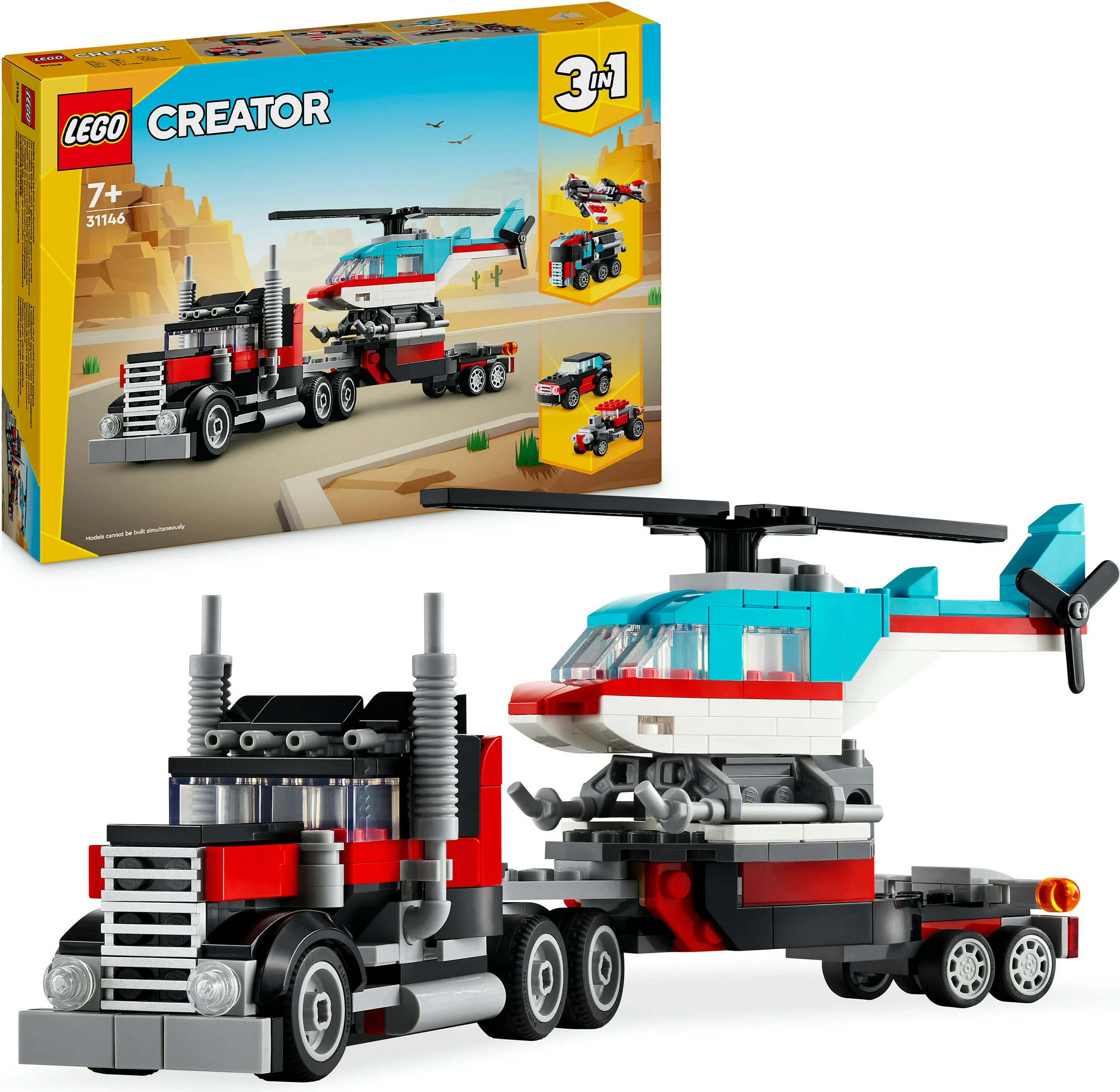 Set ndërtimi LEGO Creator 3in1, Kamion me platformë dhe Helikopter, 270 pjesë, Multingjyrësh