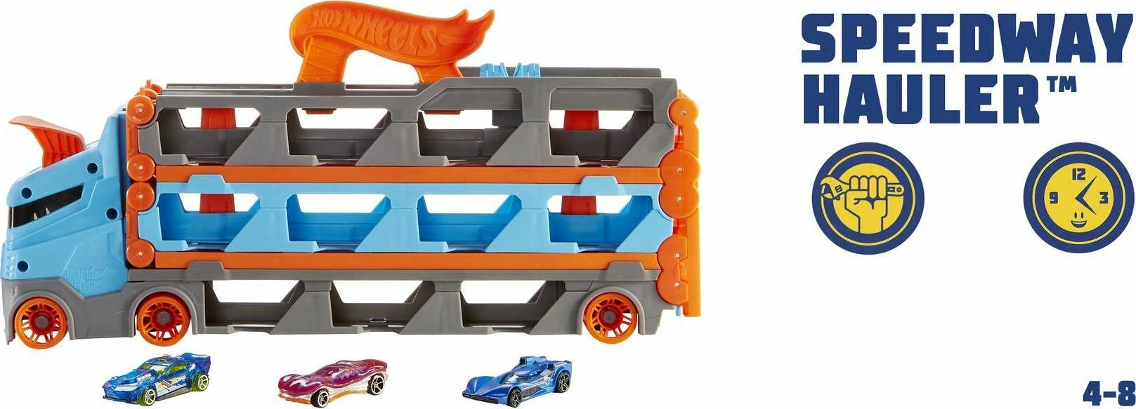 Transportues/pistë garash Hot Wheels City Racing Transporter 2-in-1 GVG37, shkallë 1:64, pistë 1.8 m, mban 20+ makina, set me 3 makina, blu