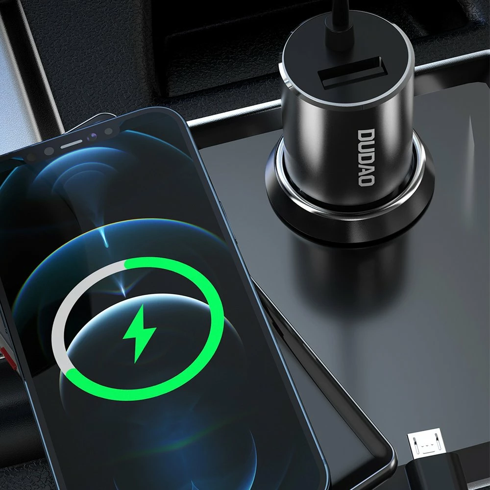 Karikues për veturë, Dudao, R5ProN, 3.4 A, USB-A 1 port, kabëll i integruar 3‑në‑1 Lightning/USB Type-C/Micro USB 1 m, e zezë