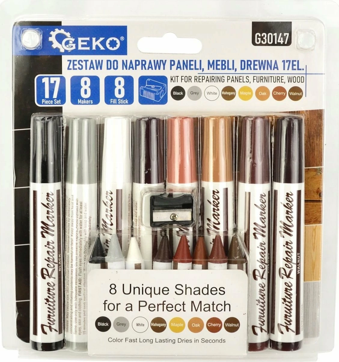 Set riparimi për panele dhe mobilje druri Geko 17 copë (10 ngjyra + marker transparent, dyll, mprehës, kuti)