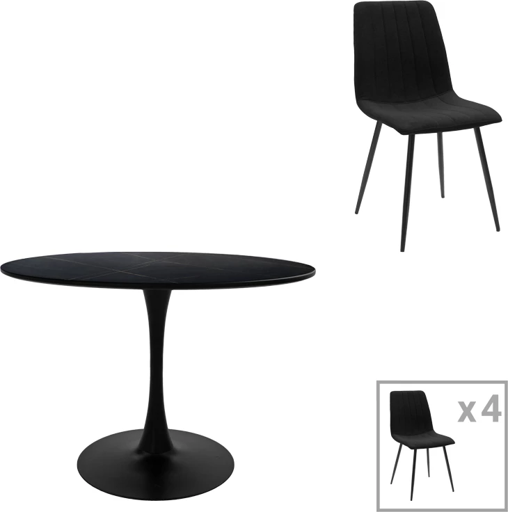 Set tavoline me karrige Balou-Noor, 5 pjesë, MDF i zi, material tekstili i zi, D100x73cm