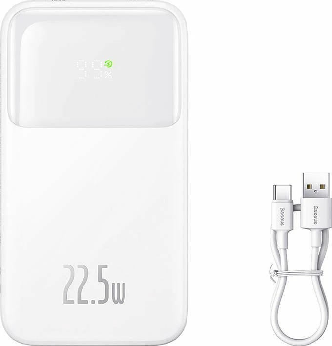Powerbank Baseus Comet 10000mAh 22.5W me ekran, me kabllo të integrume USB-C/Lightning, e bardhë