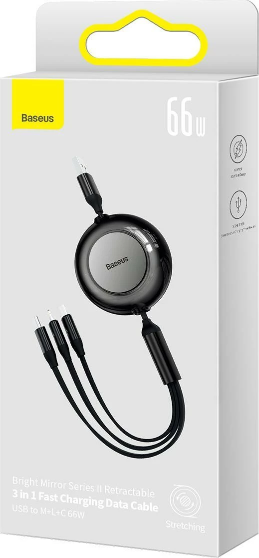 Kabllo USB Baseus Bright Mirror 2 CAMJ010101 3-në-1 retraktile 1.1 m 66W USB-A në USB-C/microUSB/Lightning, e zezë