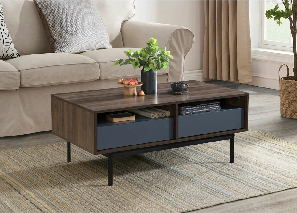 Tavolinë kafeje Grooves, 2 sirtarë, ngjyrë arre-gri, 110x60x45