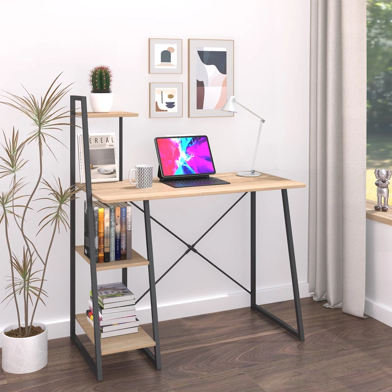 Tavolinë pune me rafte Deckstor, ngjyrë lisi-me këmbë metalike të zeza, 102x50x117cm