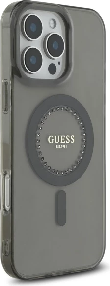 Mbështjellës Guess IML Rhinestones MagSafe për iPhone 16 Pro Max, Zi