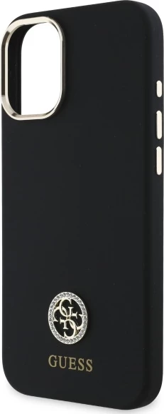 Mbështjellës Guess Silicone Logo Strass 4G për iPhone 16, i zi