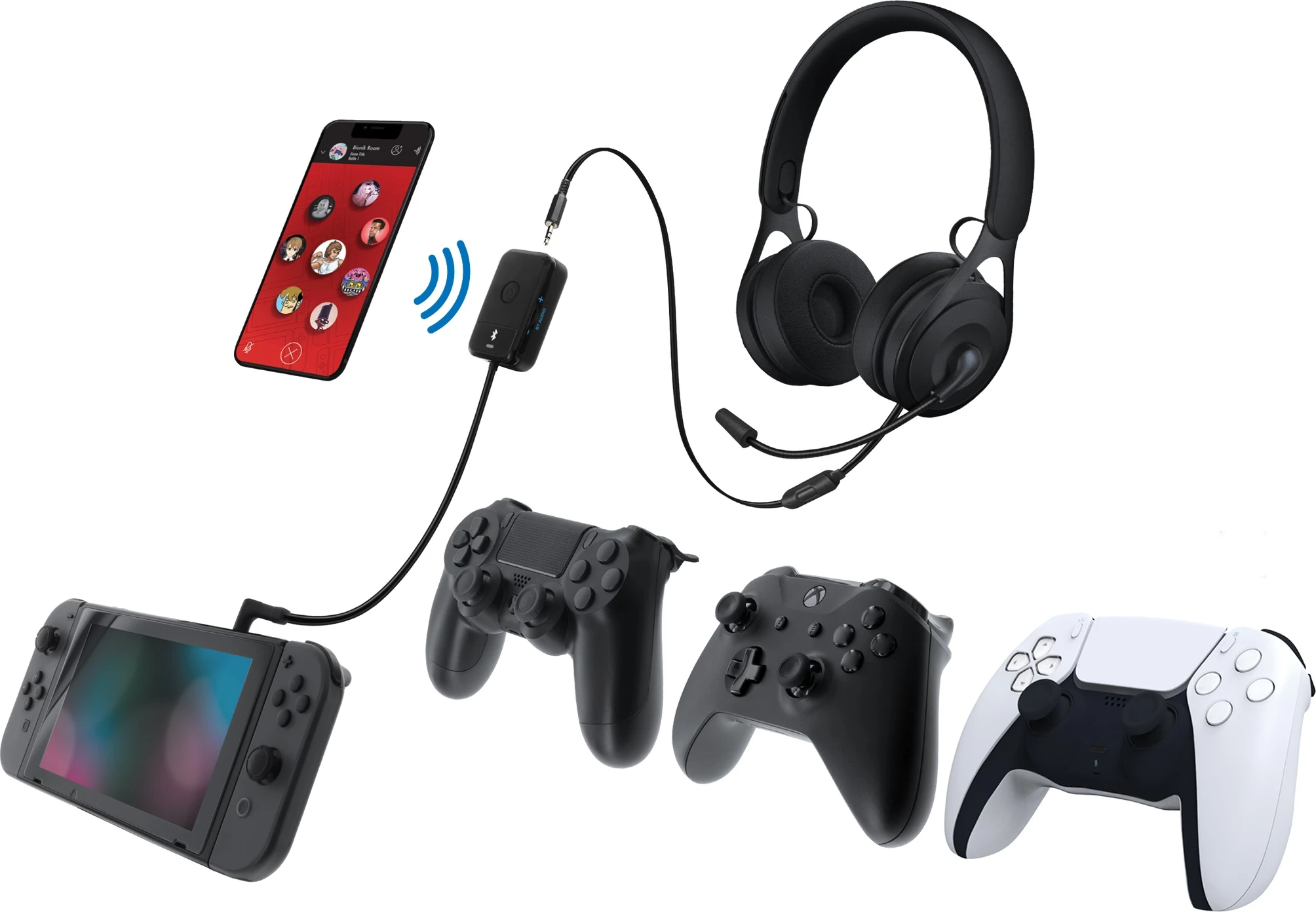 Mixer audio për chat Bionik Chat Mixer, 3.5mm me kabllo + Bluetooth, për Nintendo Switch/Switch Lite/PS5/PS4/Xbox Series X/S/Xbox One, i bardhë, set