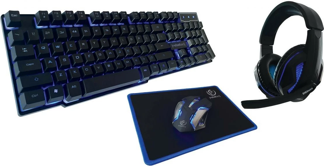 Set gaming Rebeltec Sherman, tastierë me ndriçim, maus optik, mauspad, kufje me mikrofon, zi/blu