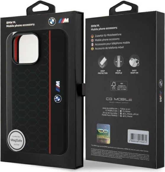 Mbështjellës BMW Silicone Hexagon Red Line MagSafe për iPhone 16 Pro Max, Zi