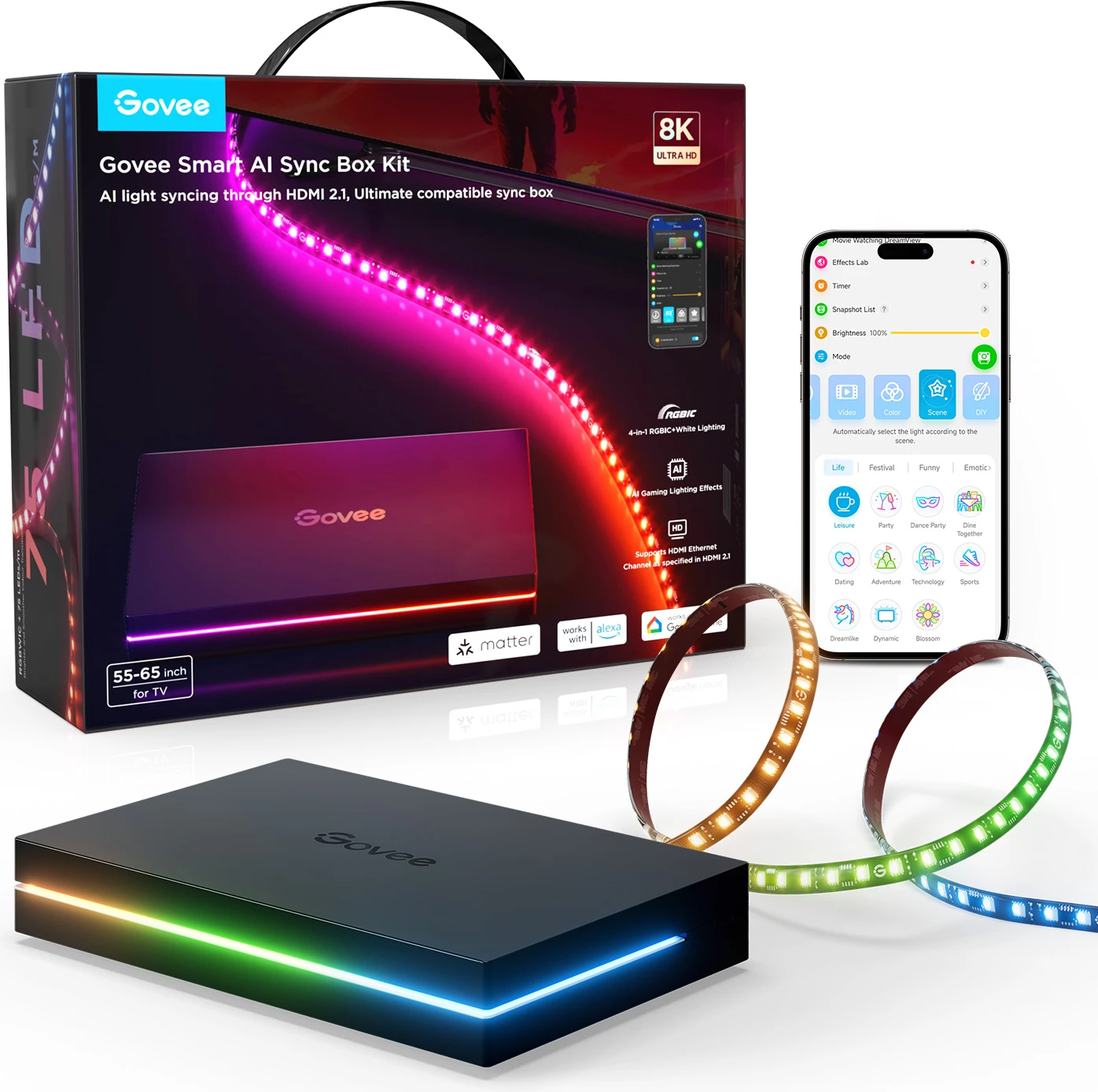 Sync box Govee Smart AI Sync Box Kit 2 për TV 55-65", HDMI 2.1 (8K/60Hz, 4K/144Hz), kit me shirit LED, e zezë