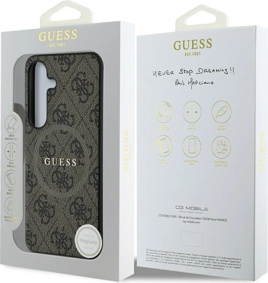 Mbështjellës Guess Leather 4G Colored Ring Classic Logo MagSafe për Samsung Galaxy S25, Kafe