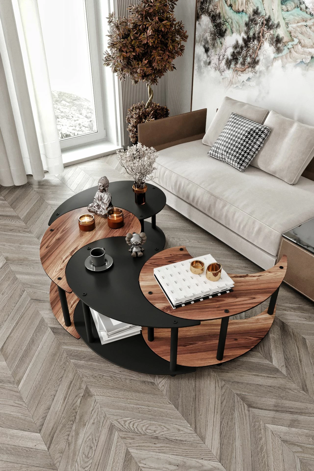 Set tavoline kafeje Skye Decor, Yi Yang4L, 70cm, ngjyrë arre dhe e zezë