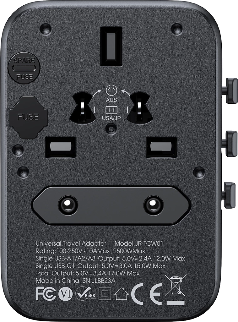 Adapter udhëtimi universal Joyroom JR-TCW01, 17W, 4 porta USB, i zi