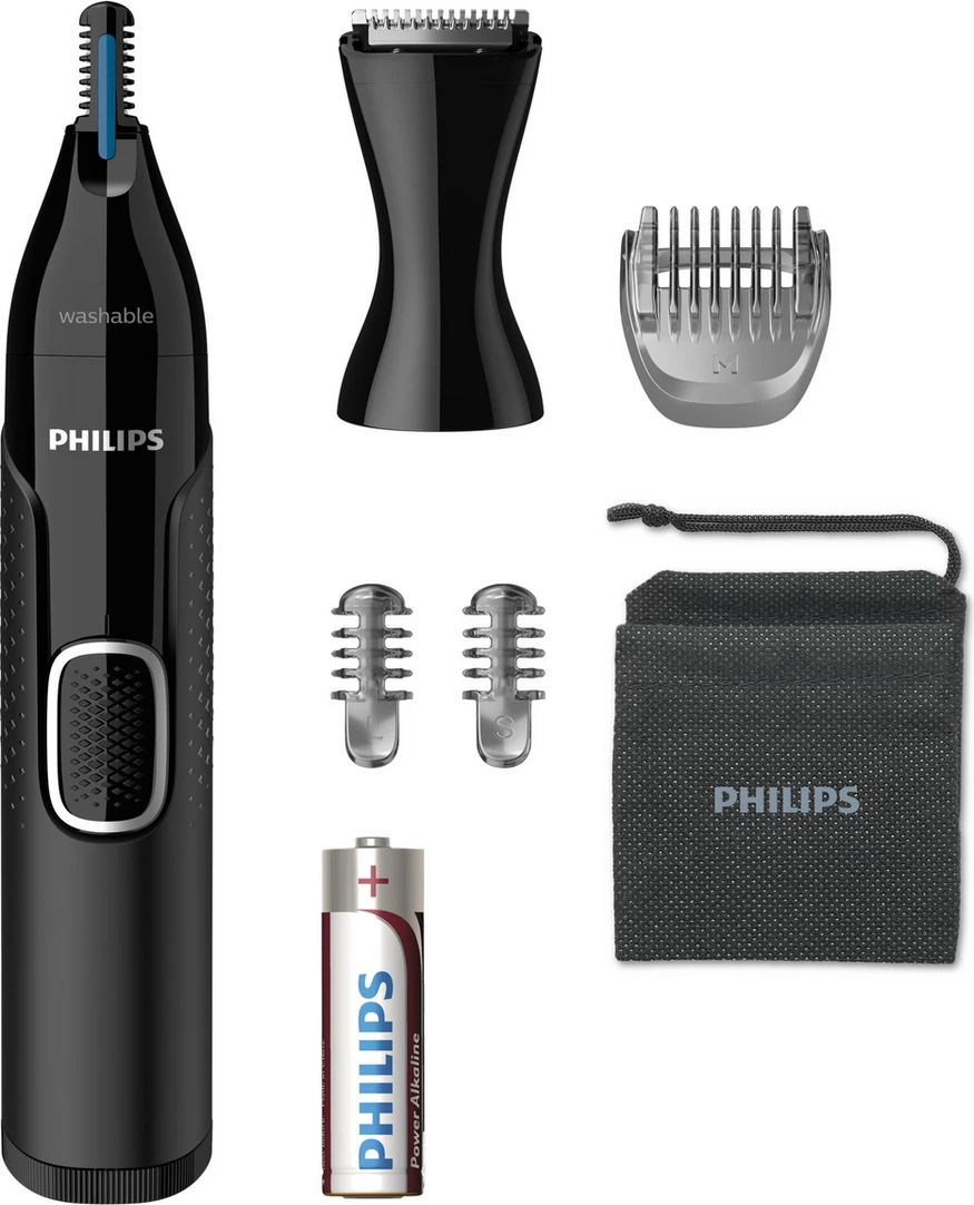 Makinë rroje për hundë dhe veshë Philips NT5650/16 Series 5000, e larshme, me krehra për vetulla dhe kokë detaji, me bateri AA, e zezë
