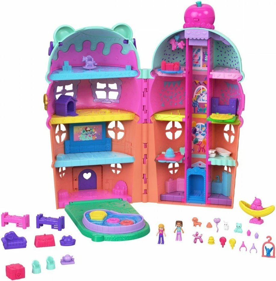 Shtëpizë kukullash Mattel Polly Pocket Ice Cream Cone House JFT91, 4 kate, me pishinë dhe ashensor, shumëngjyrëshe, set me 2 mikro kukulla + 25+ aksesorë