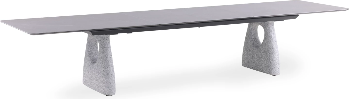Tavolinë e madhe ngrënieje për jashtë, e zgjatshme, ngjyrë gri e errët, alumin & sipërfaqe prej guri të sinterizuar, 280-400x100x76.5cm