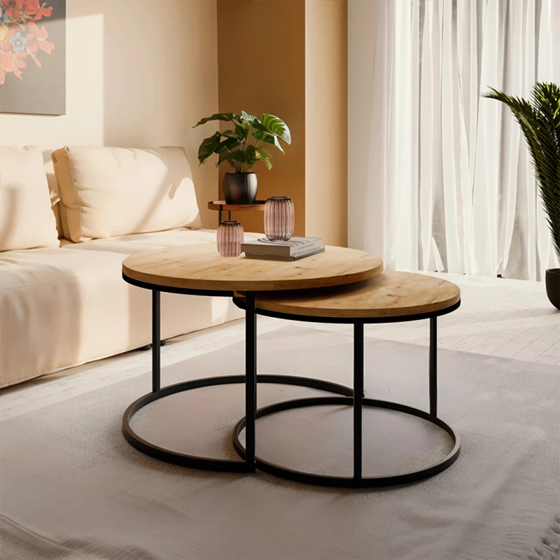 Tavolina kafeje Solme set 2 copë melaminë natyrale-metal i zi