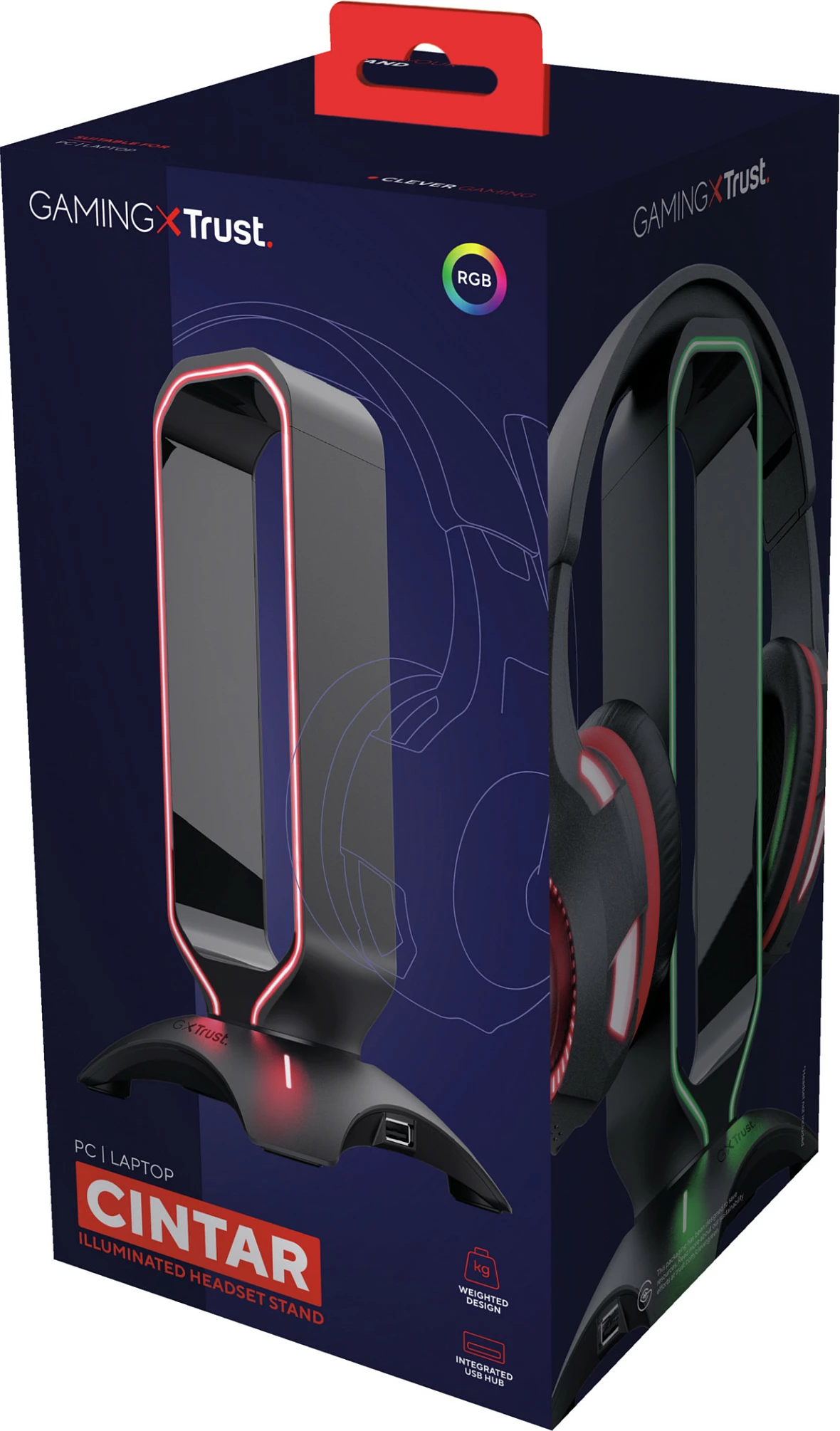Mbajtës për kufje Trust GXT 265 Cintar RGB, 2x USB-A, kabllo 1.5 m, i zi