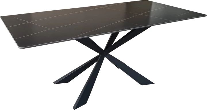 Tavolinë drejtkëndëshe, pamje mermeri e zi, këmbë metalike të zeza, 180x90x75cm