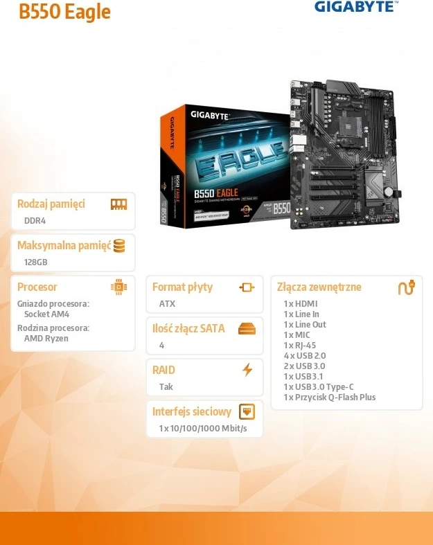 Pllakë amë Gigabyte B550 EAGLE, Socket AM4, ATX, 4 DDR4, HDMI