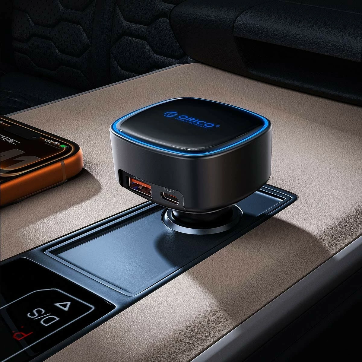 Karikues veture Orico 66W, PD, USB-C/USB-A, kabllo USB-C e tërheqshme, i zi