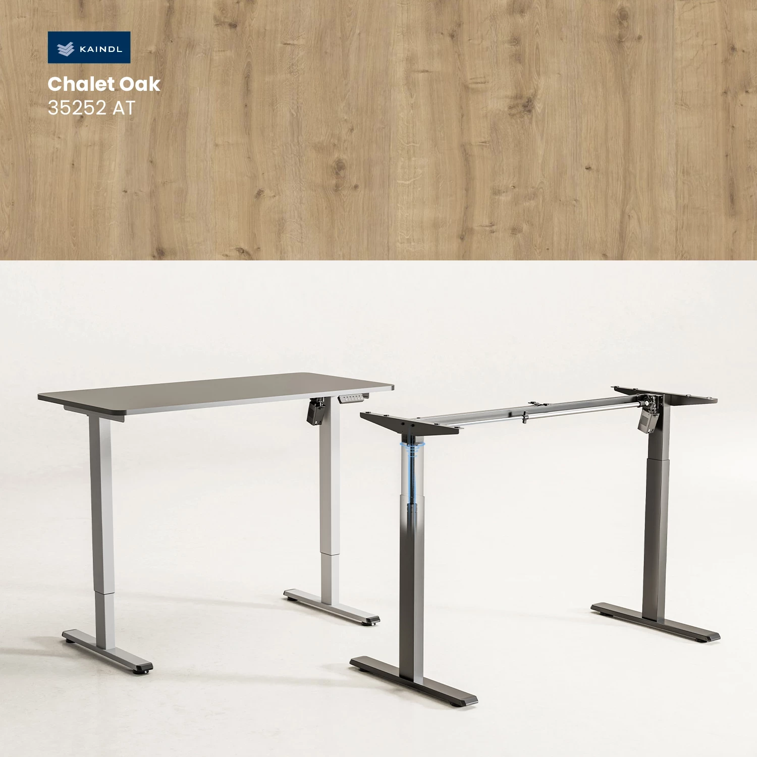 Tavolinë elektrike sit-stand UVI Lite V2, 139x68x2.5 cm, 73.5-121.5 cm, 80 kg, Chalet Oak, kornizë e zezë