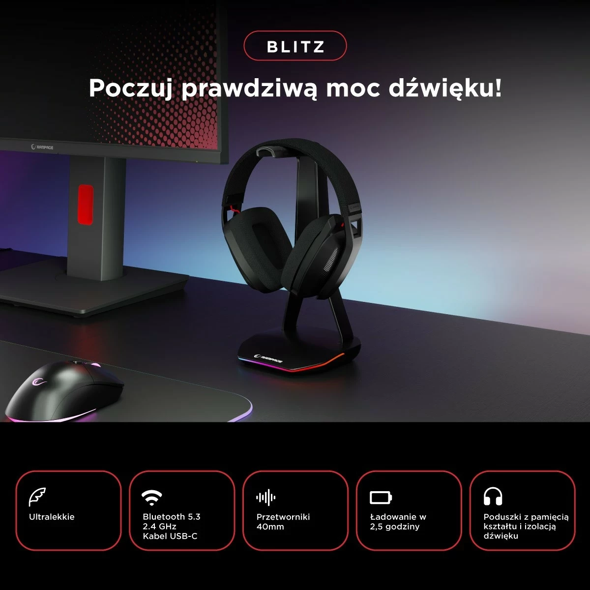 Kufje gaming Rampage BLITZ, wireless, Bluetooth 5.3, me mikrofon, të zeza