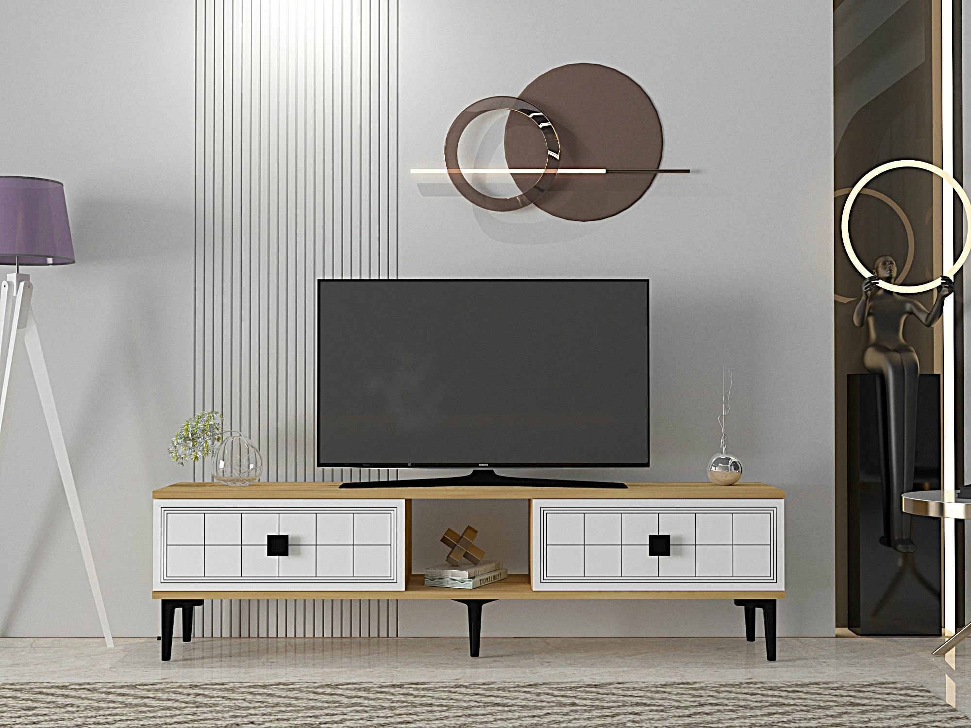 Komodë TV Skye Decor, Yuka 150, ngjyrë lis safir dhe e bardhë
