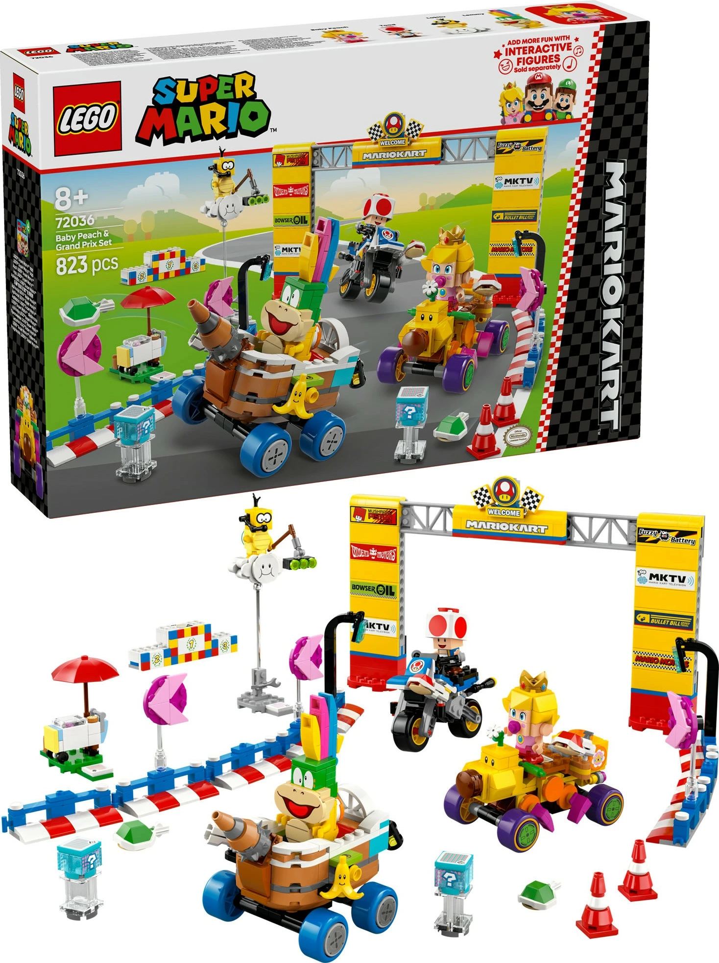 Set ndërtimi LEGO Super Mario Mario Kart Baby Peach & Grand Prix 823 pjesë, multingjyrësh