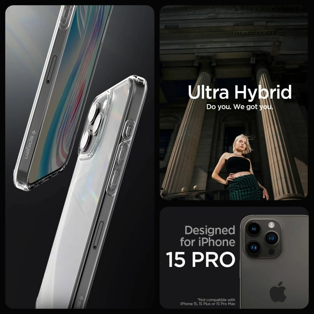 Mbështjellës Spigen Ultra Hybrid për iPhone 15 Pro, frost clear, gjysmë-transparent