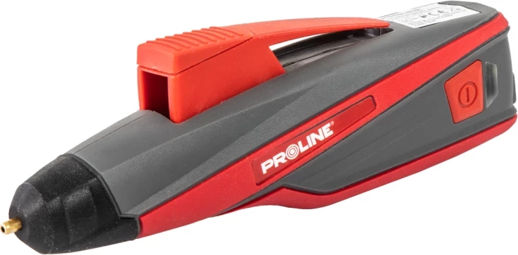 Pistoletë ngjitëse me bateri PROLINE 42919, 10W 3.6V USB, për shkopinj silikoni 7/8mm, me buton On/Off, set me 3 shkopinj, e kuqe/zezë