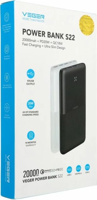 Powerbank VEGER S22 20000mAh PD 20W ultra slim, i zi (me kabllo USB-A në USB-C)