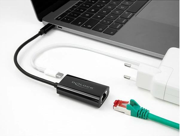 Adapter USB-C DeLOCK në Gigabit LAN (RJ45) me Power Delivery 100W, 0.17 m, i zi