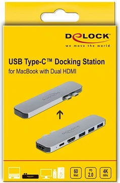 Docking station DeLOCK për MacBook, Dual HDMI 4K, USB-C PD 60W, 3x USB-A, metal, gri