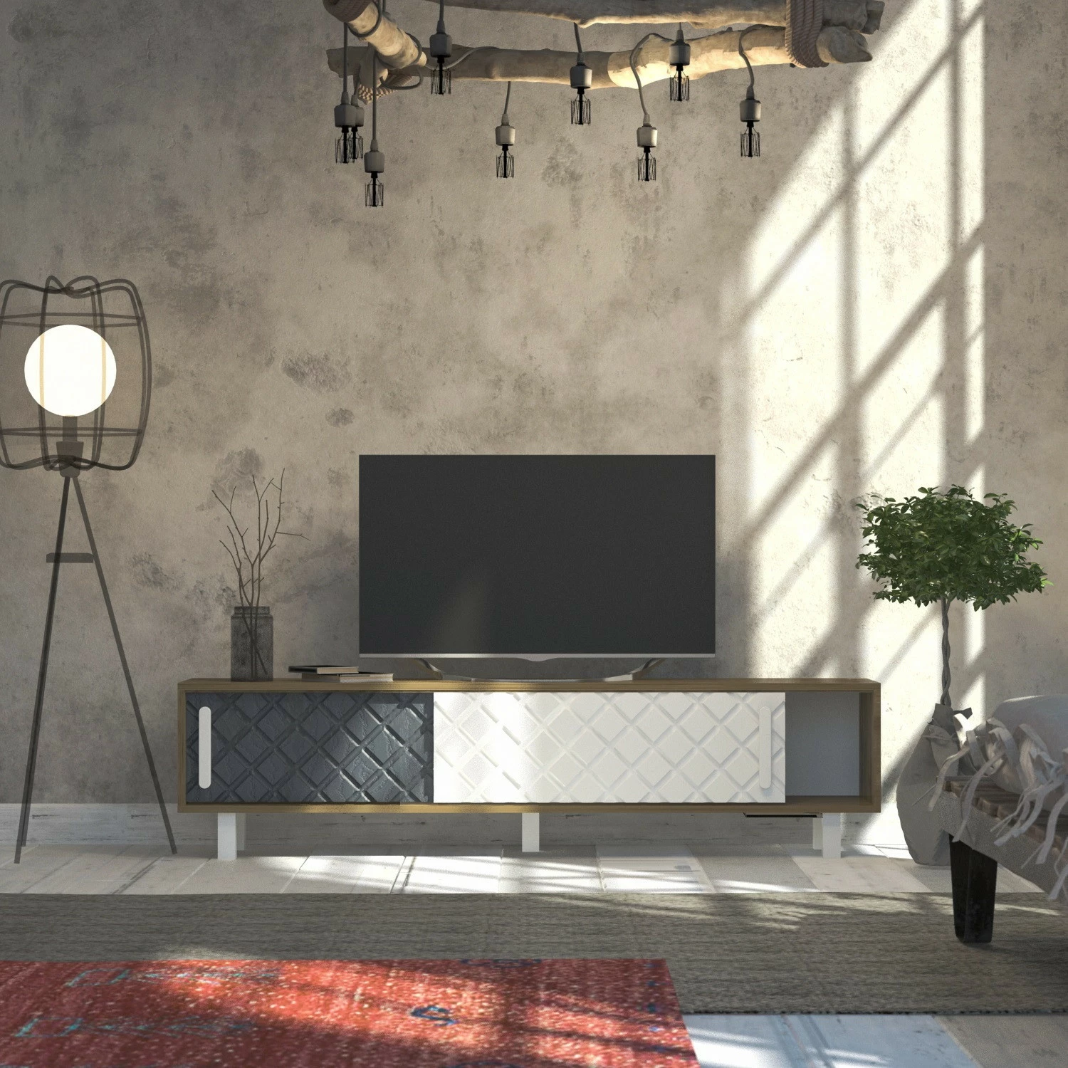 Komodë TV Skye Decor, rob-ud, e bardhë, antracit