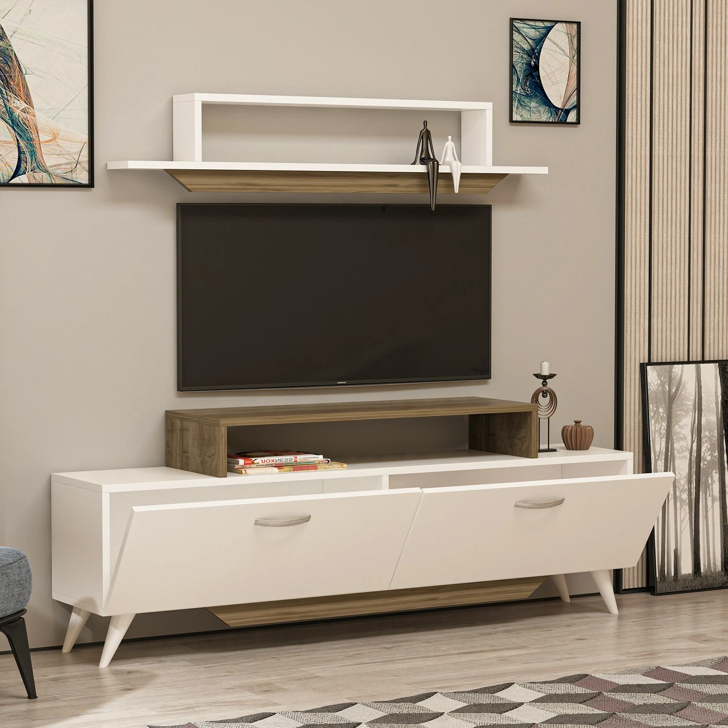 Komodë TV Hanah Home, Harmony, e bardhë dhe arre