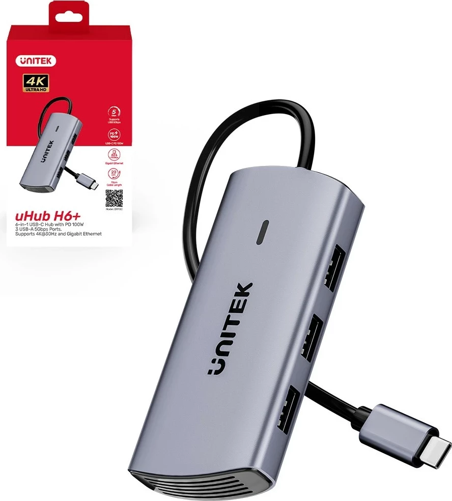 Hub USB-C Unitek 6n1, 3x USB-A 3.0, HDMI 4K@30Hz, RJ45, PD 100W, gri