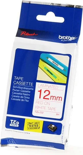 Shirit etiketues i laminuar, Brother, TZE-232, 12 mm, 8 m, e kuqe mbi të bardhë