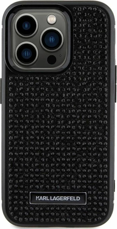 Mbrojtëse telefoni Karl Lagerfeld Rhinestone Logo Metal Plate për iPhone 15 Pro, e zezë
