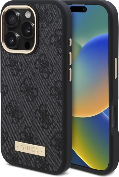 Mbështjellës Guess 4G Logo Plate MagSafe për iPhone 16 Pro, Zi