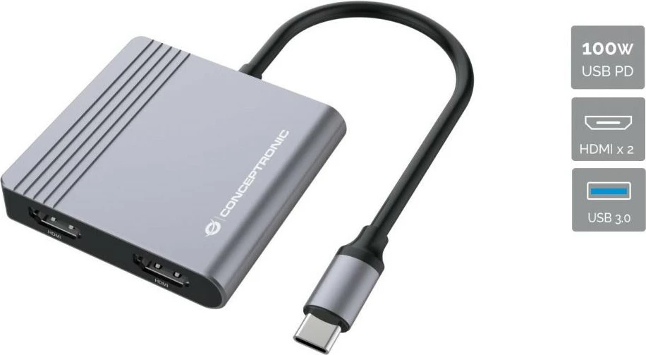 Dock Conceptronic 4-1 USB-C, 2x HDMI, USB 3.0, 100W PD, 25cm, gri
