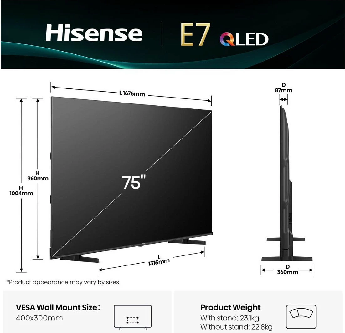 Televizor Hisense 75E77Q, 75" 4K QLED 60Hz, HDR10+ Dolby Vision, VIDAA, i zi