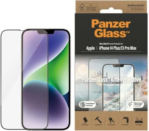Xham mbrojtës PanzerGlass Ultra-Wide Fit me filtër kundër reflektimit dhe pozicionues për iPhone 14 Plus / 13 Pro Max