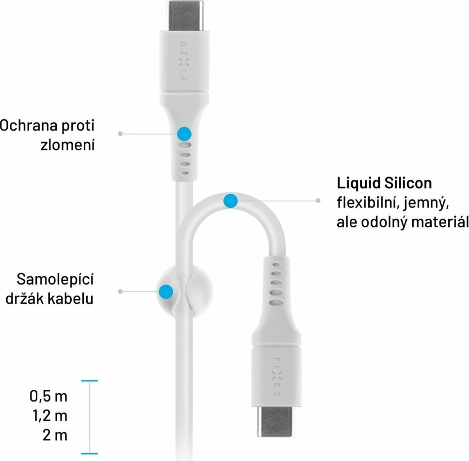 Kabllo USB-C–USB-C Fixed FIXDLS-CC2-WH 2 m PD 60W, e bardhë, me organizues ngjitës dhe rrip Velcro