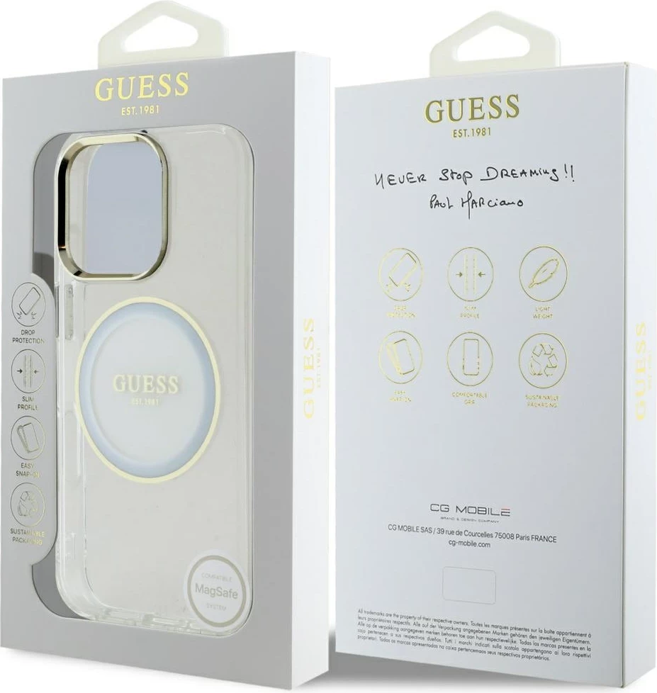 Mbështjellës Guess IML Metal Colored Circle Classic Logo MagSafe për iPhone 16 Pro Max, Bardhë