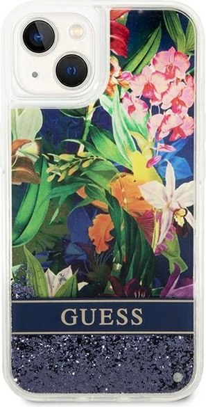 Mbështjellës Guess Flower Liquid Glitter për iPhone 14 Plus 6.7", kaltër